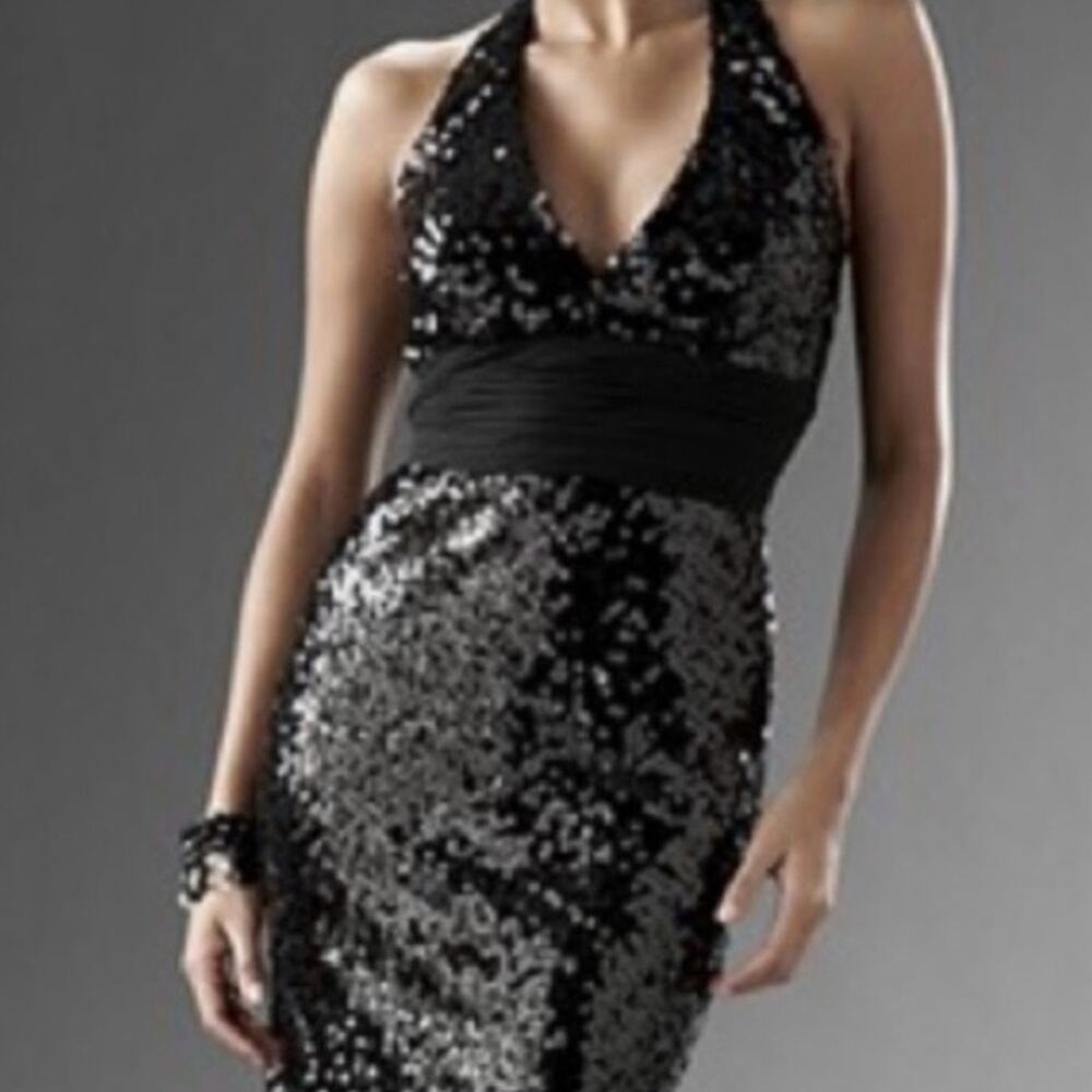 Black Sequin Halter Dress Womens Size 8 Ruched Waist Retro Party WhimsiGoth